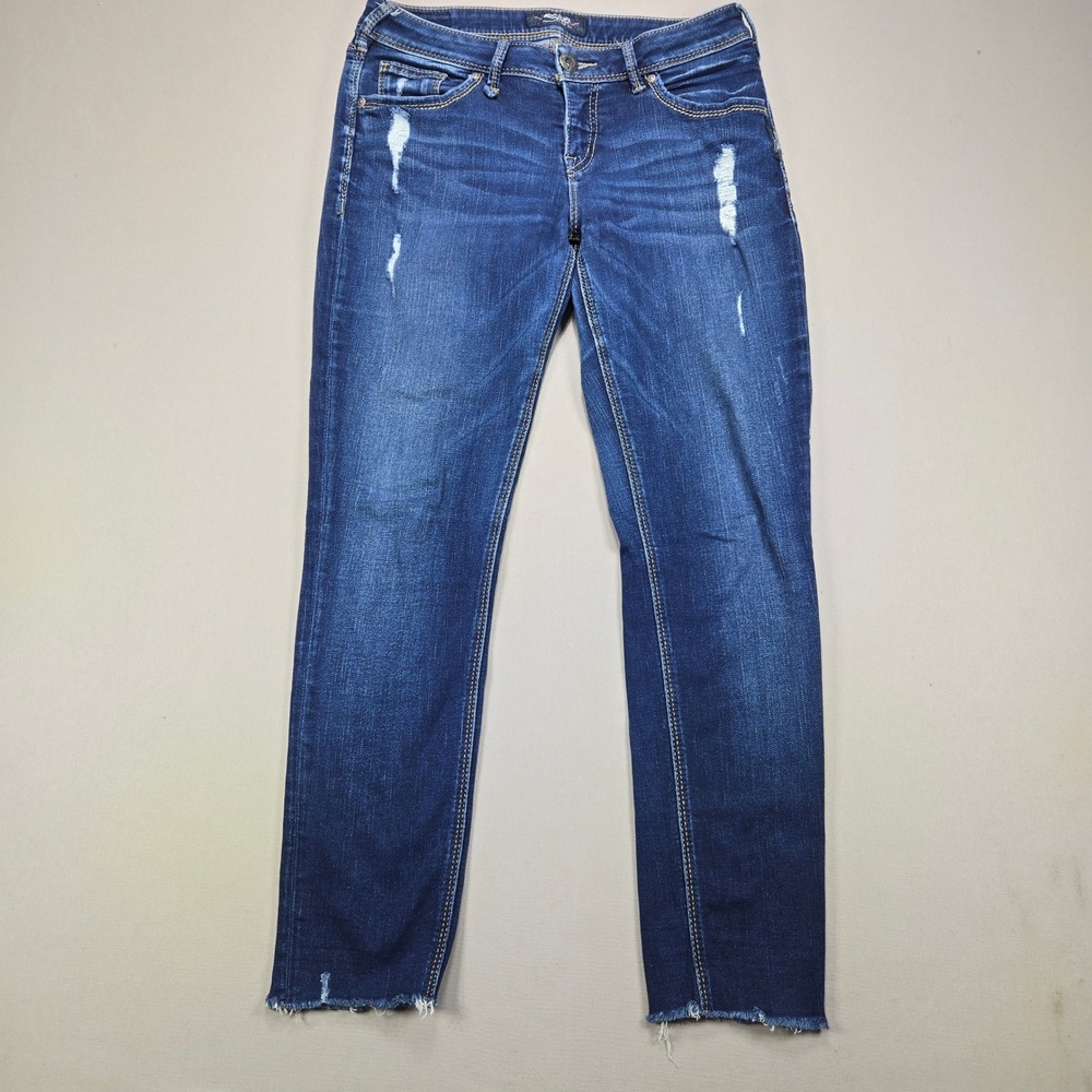 Silver Jeans Co Kenni Skinny Distressed Frayed Hem Dark Wash Womens W28‎ L27